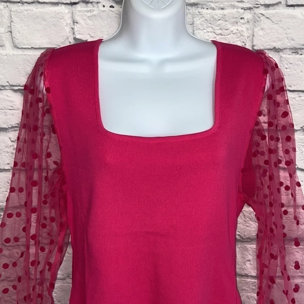 Eesome 1X Hot Pink Polka Dot Sheer Sleeve Blouse - Picture 4 of 15
